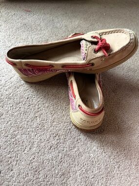Sperry Tan Leather Flats with Red Patterned Trim